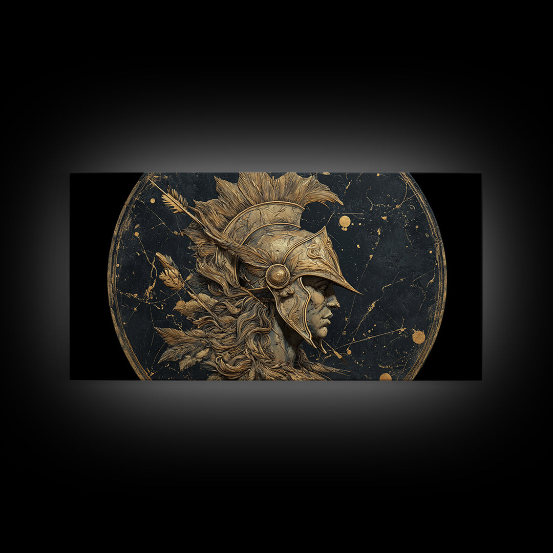 Ancient Warrior Profile Sculpture, Greek Helmet And Feathers, Gold Canvas Art, Classical Relief Wall Decor, Heroic Figure Artwork