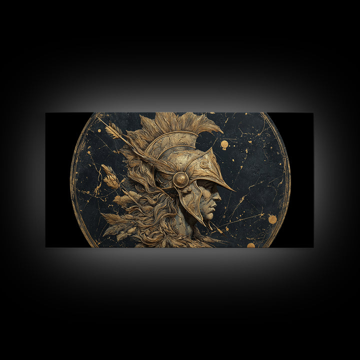 Ancient Warrior Profile Sculpture, Greek Helmet And Feathers, Gold Canvas Art, Classical Relief Wall Decor, Heroic Figure Artwork