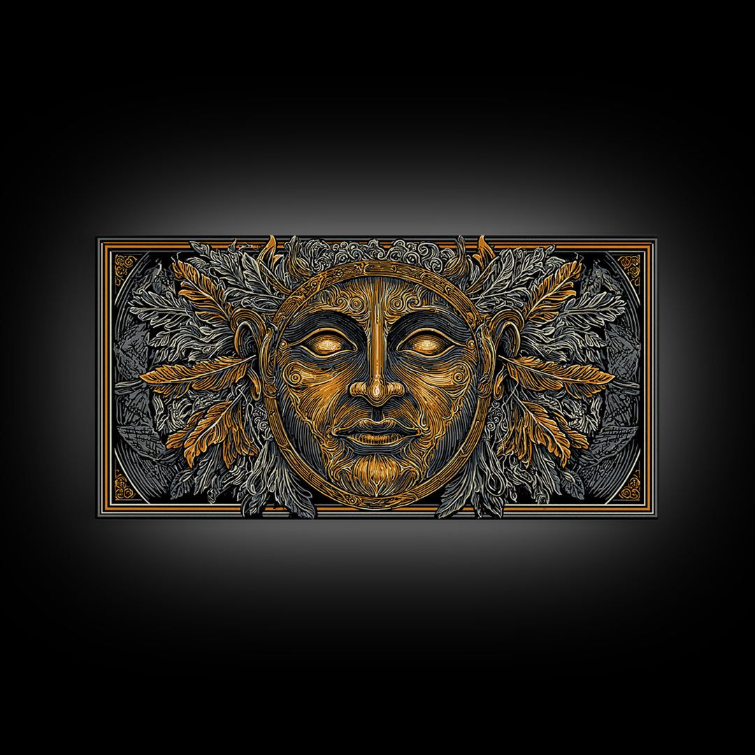 Mythic Sun God Face Artwork, Ornate Leaf And Feather Design, Gold Canvas Print, Ancient Greece Wall Decor, Celestial Art