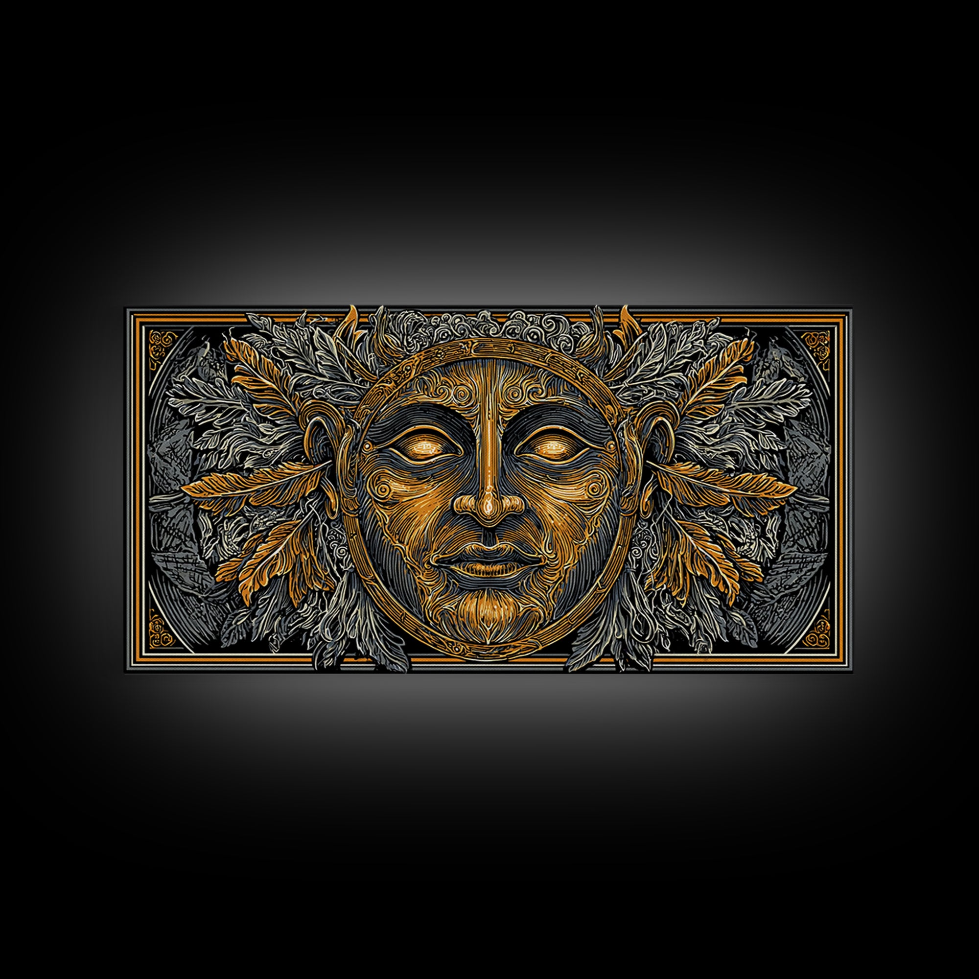 Mythic Sun God Face Artwork, Ornate Leaf And Feather Design, Gold Canvas Print, Ancient Greece Wall Decor, Celestial Art