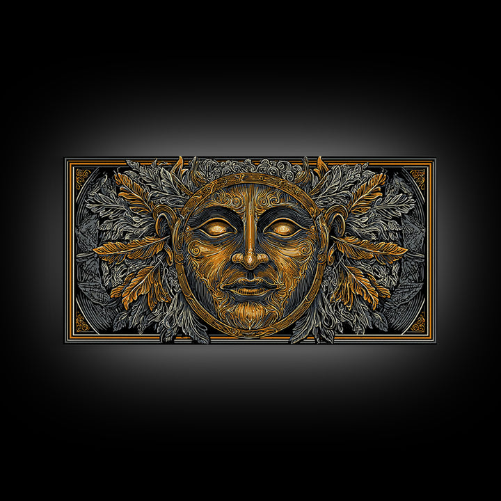 Mythic Sun God Face Artwork, Ornate Leaf And Feather Design, Gold Canvas Print, Ancient Greece Wall Decor, Celestial Art