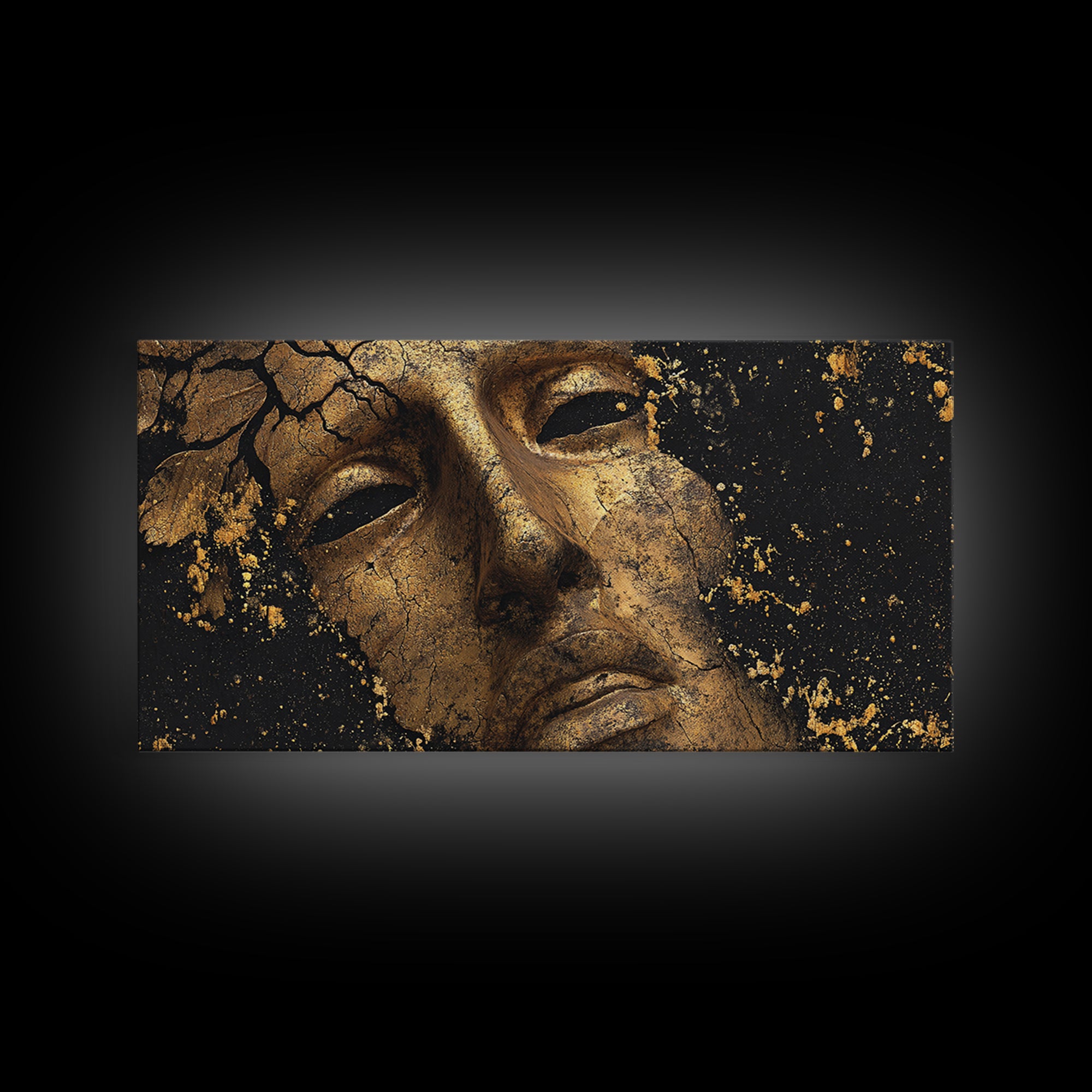 Cracked Golden Face Sculpture, Ancient Greek Mask Artwork, Gold Canvas Art, Classical Wall Decoration, Timeless Antiquity Print
