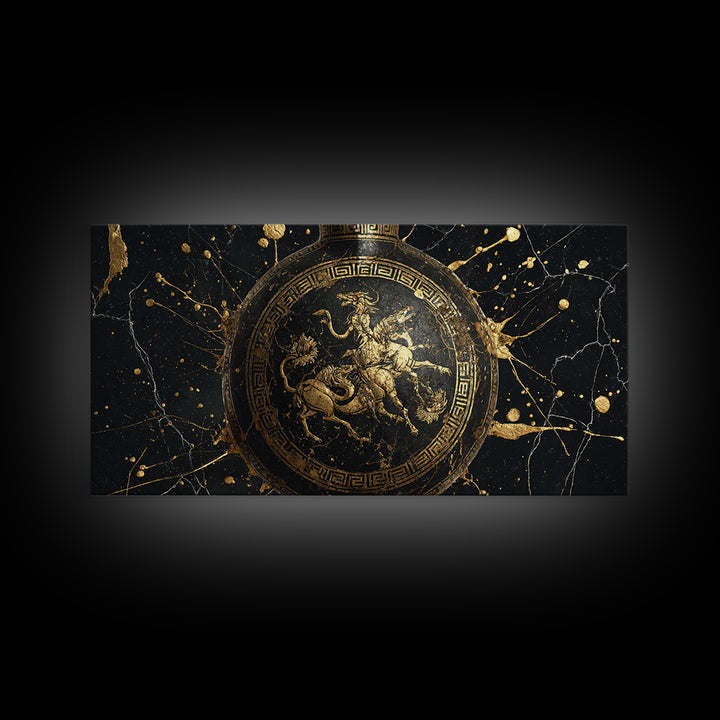 Greek Amphora Mythological Battle Scene, Gold Canvas Art, Ancient Greek Pottery Design, Classic Museum Style Wall Decor Print