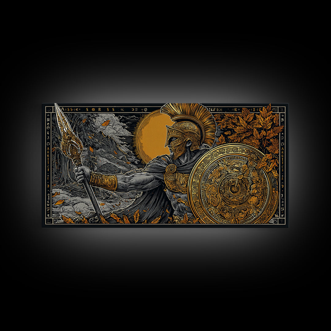 Ares Greek Warrior God With Spear And Shield, Gold Canvas Art, Heroic Mythological Wall Decor, Luxury Classical Home Accent