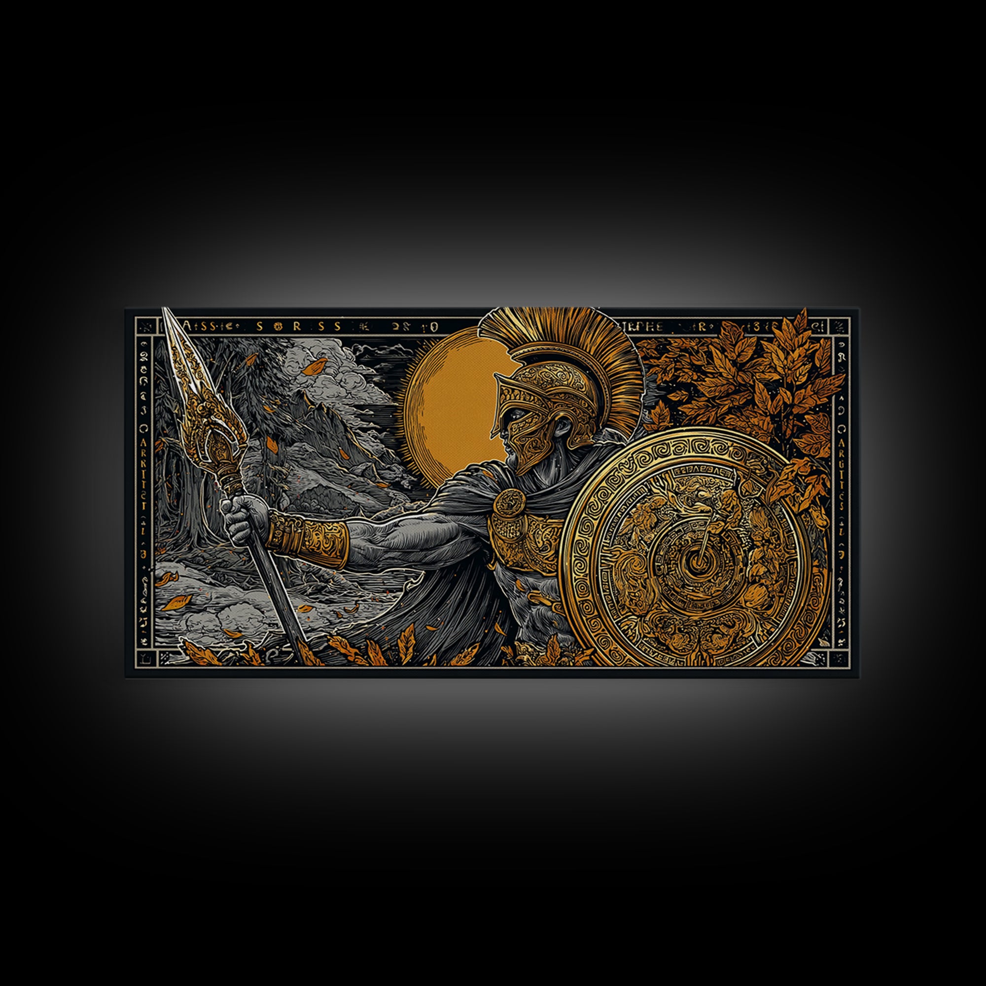 Ares Greek Warrior God With Spear And Shield, Gold Canvas Art, Heroic Mythological Wall Decor, Luxury Classical Home Accent