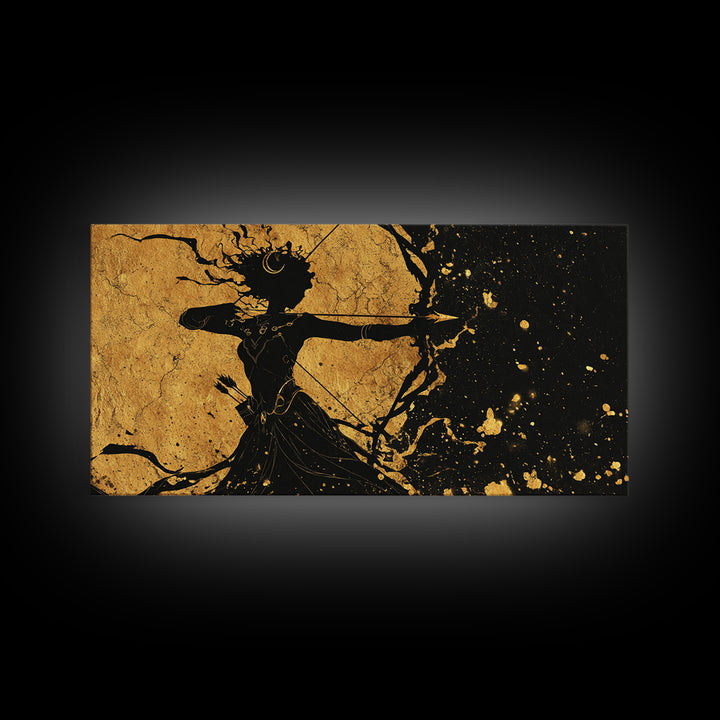 Artemis Goddess Of The Hunt And Moon, Gold Canvas Art, Elegant Greek Mythology Wall Decor, Celestial Classical Home Accent