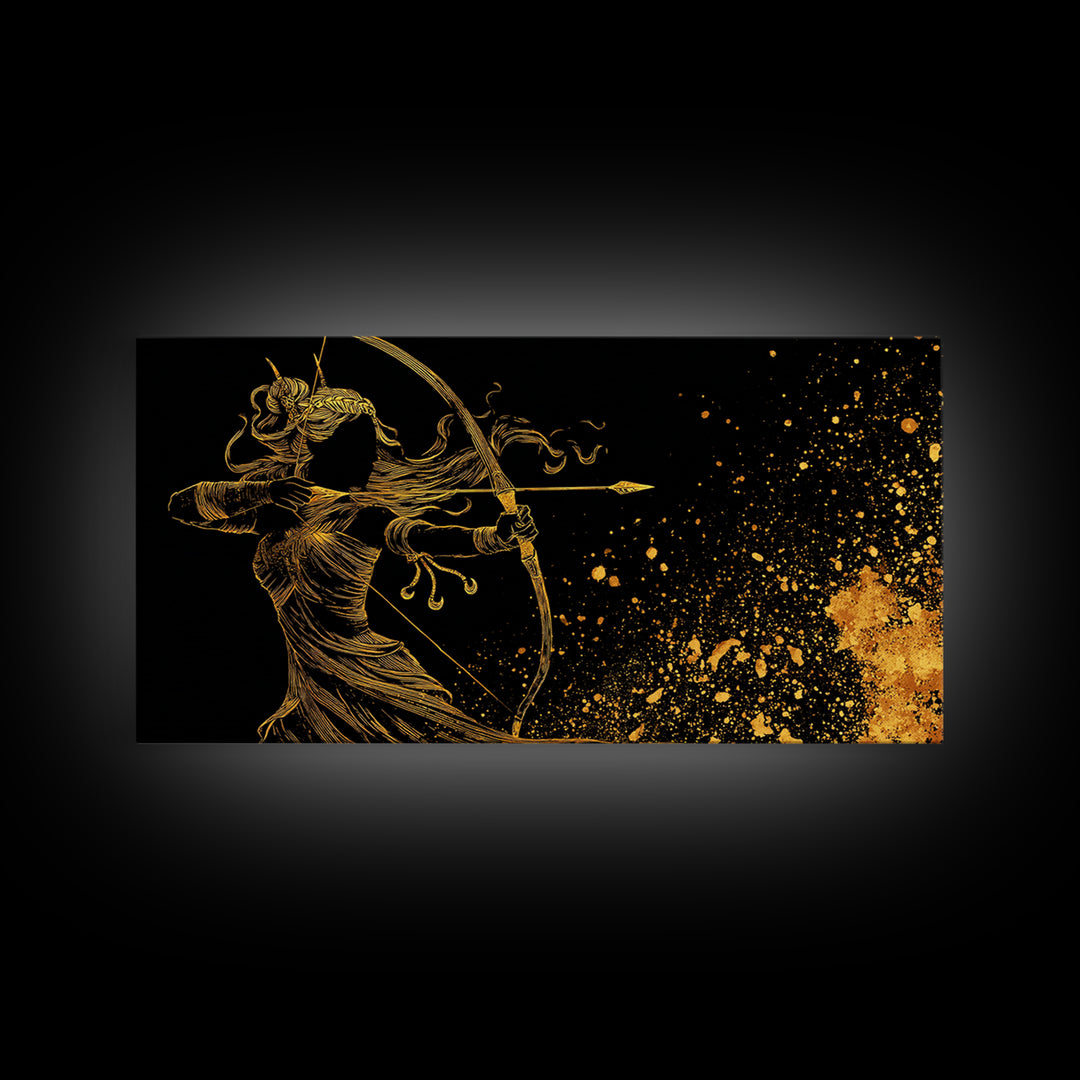 Artemis Greek Goddess Archer Silhouette, Gold Canvas Art, Celestial Mythology Wall Decor, Elegant Classical Home Accent Piece