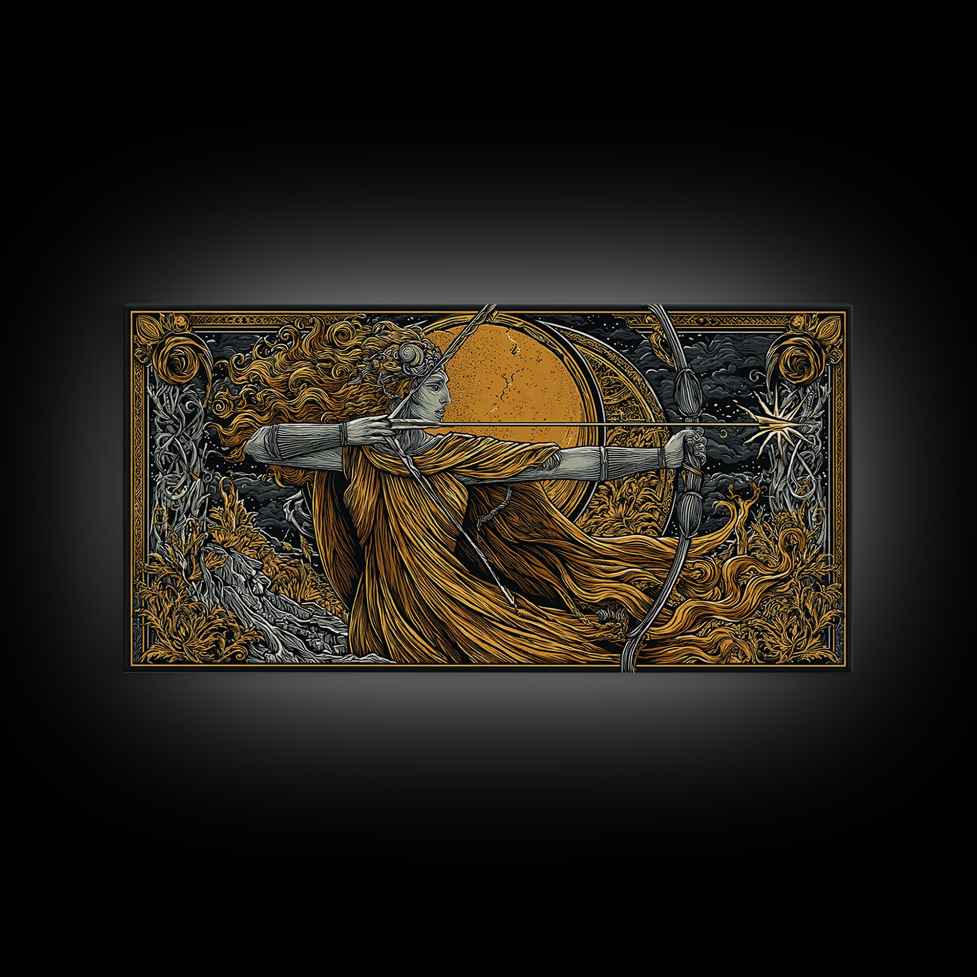 Artemis Goddess Archer With Golden Moon, Gold Canvas Print, Greek Mythology Wall Art, Classic Elegant Home Decor Piece