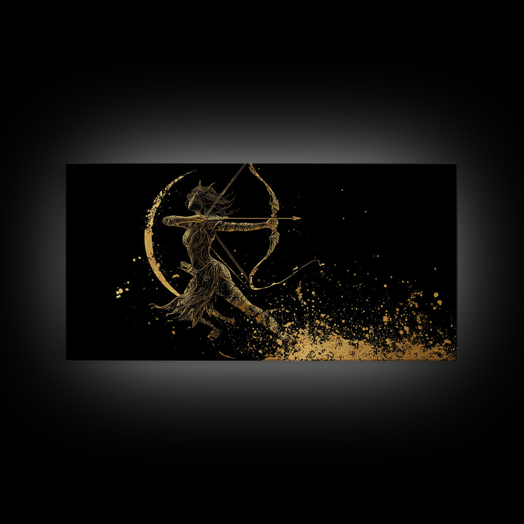 Gold Canvas Art Of Artemis Greek Goddess Archer, Black Background, Elegant Moon And Bow Design, Panoramic Mythology Wall Art
