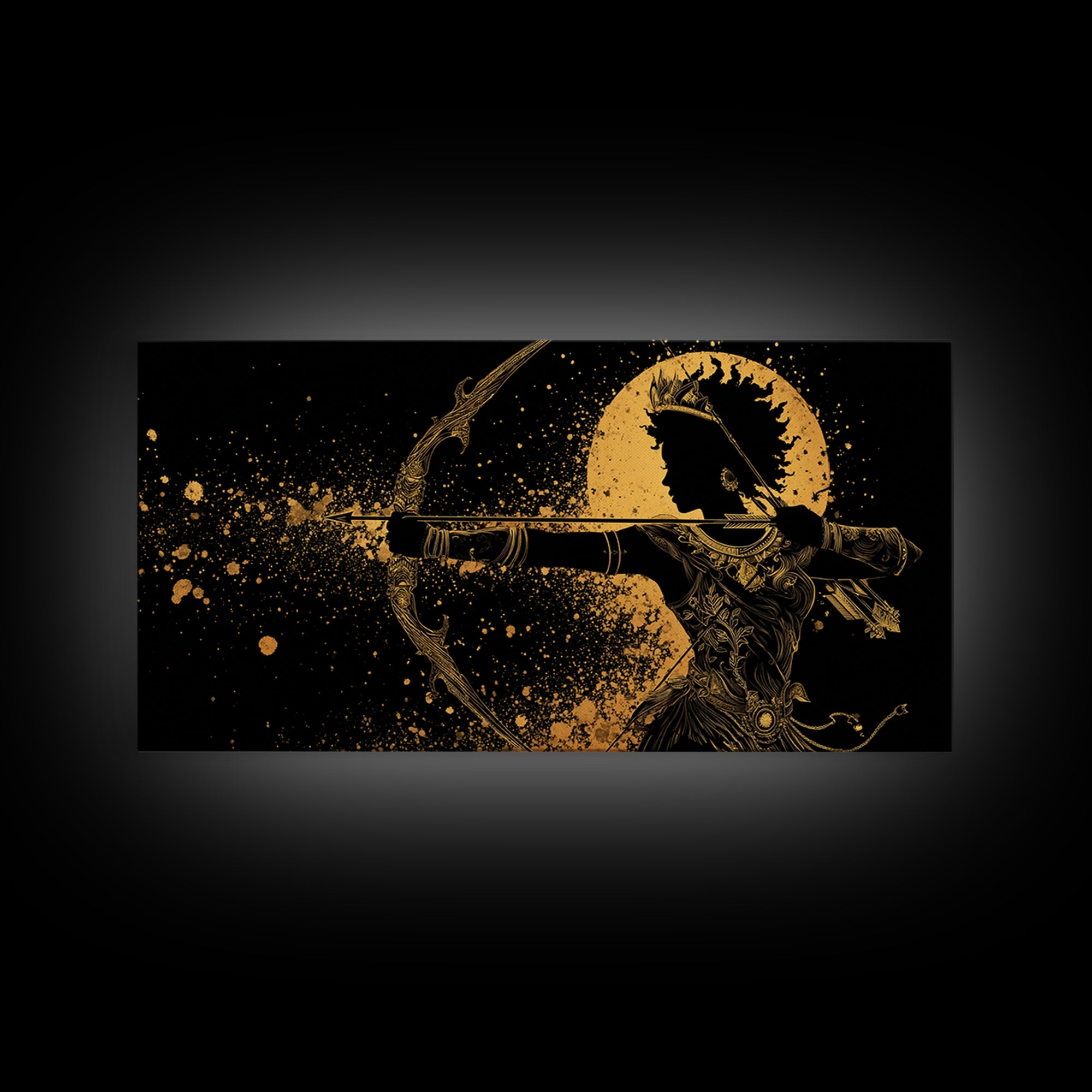 Gold Canvas Print Of Artemis Greek Goddess Archer, Regal Profile, Detailed Bow And Arrow, Panoramic Fantasy Wall Decor