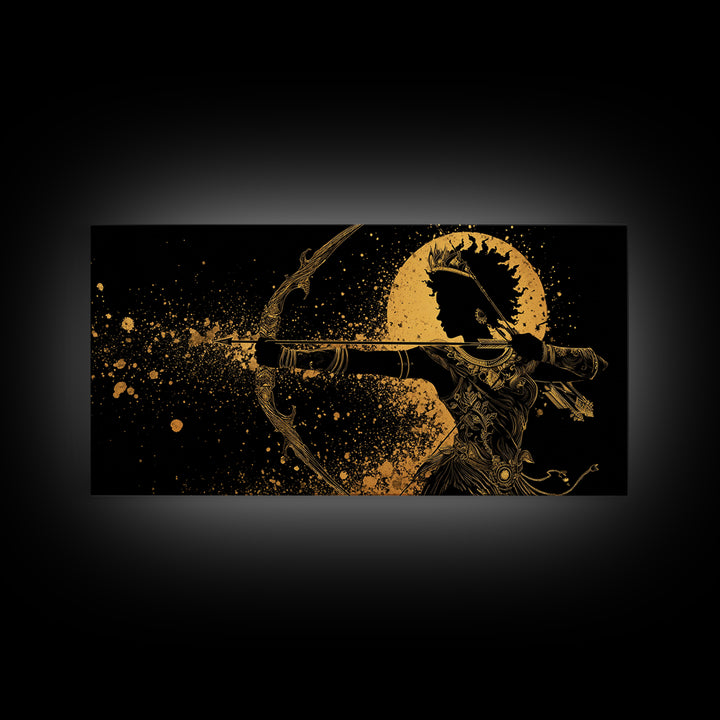 Gold Canvas Print Of Artemis Greek Goddess Archer, Regal Profile, Detailed Bow And Arrow, Panoramic Fantasy Wall Decor