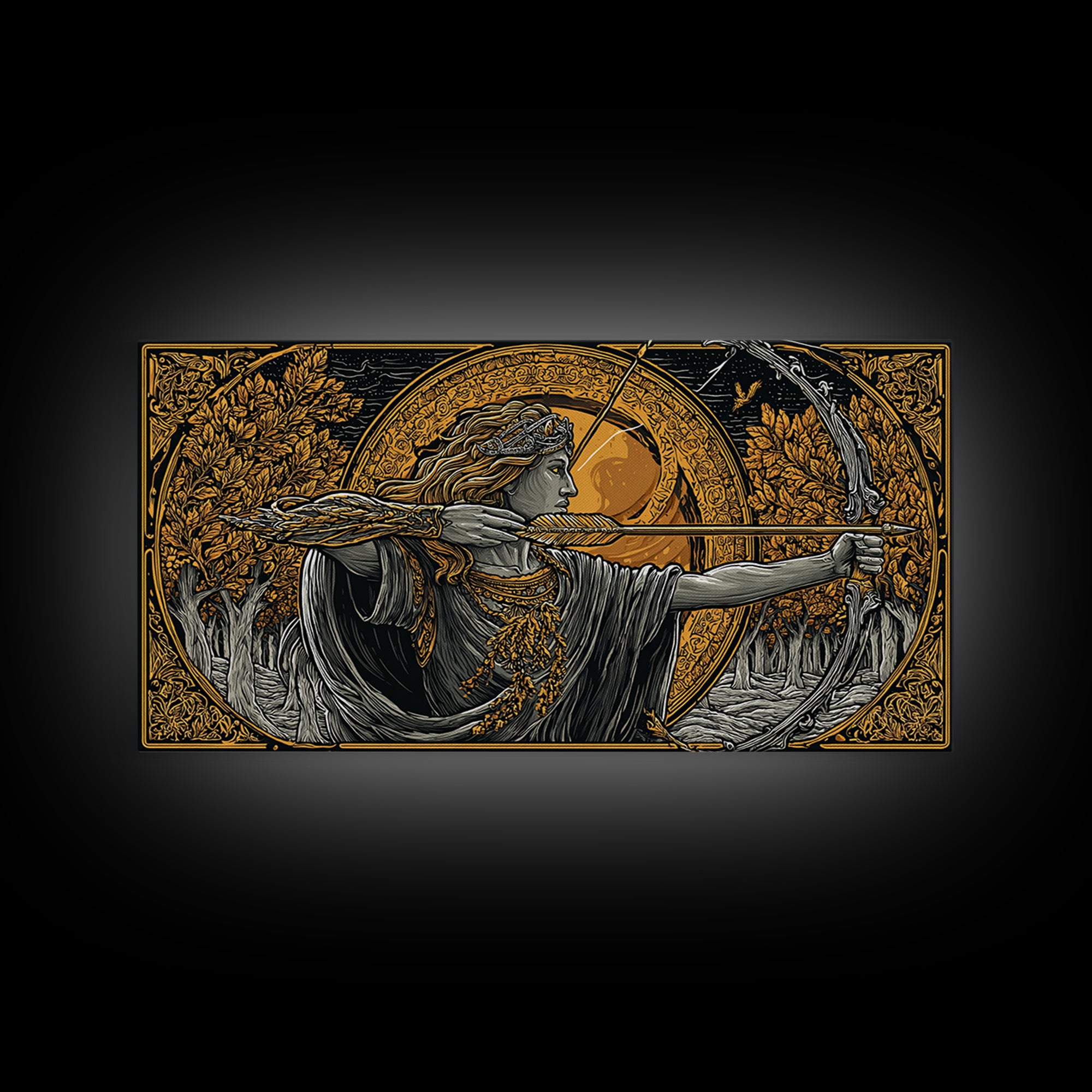 Gold Canvas Art Of Artemis Greek Goddess Archer, Classical Ornate Frame, Mythological Forest Scene, Panoramic Greek Wall Print