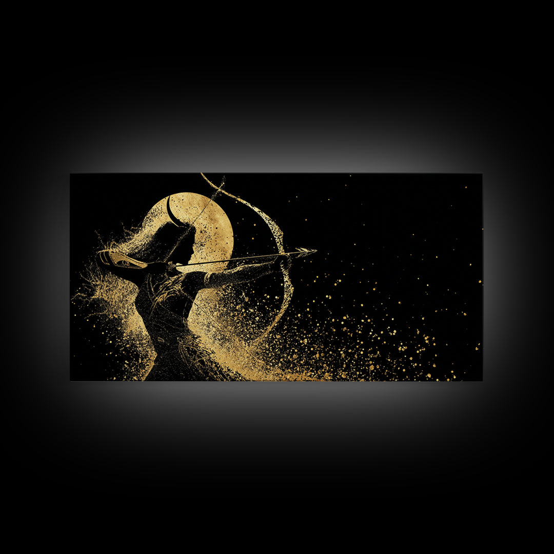 Gold Canvas Print Of Artemis Greek Goddess Archer, Full Moon Silhouette, Gold Splatter Effect, Panoramic Elegant Wall Art