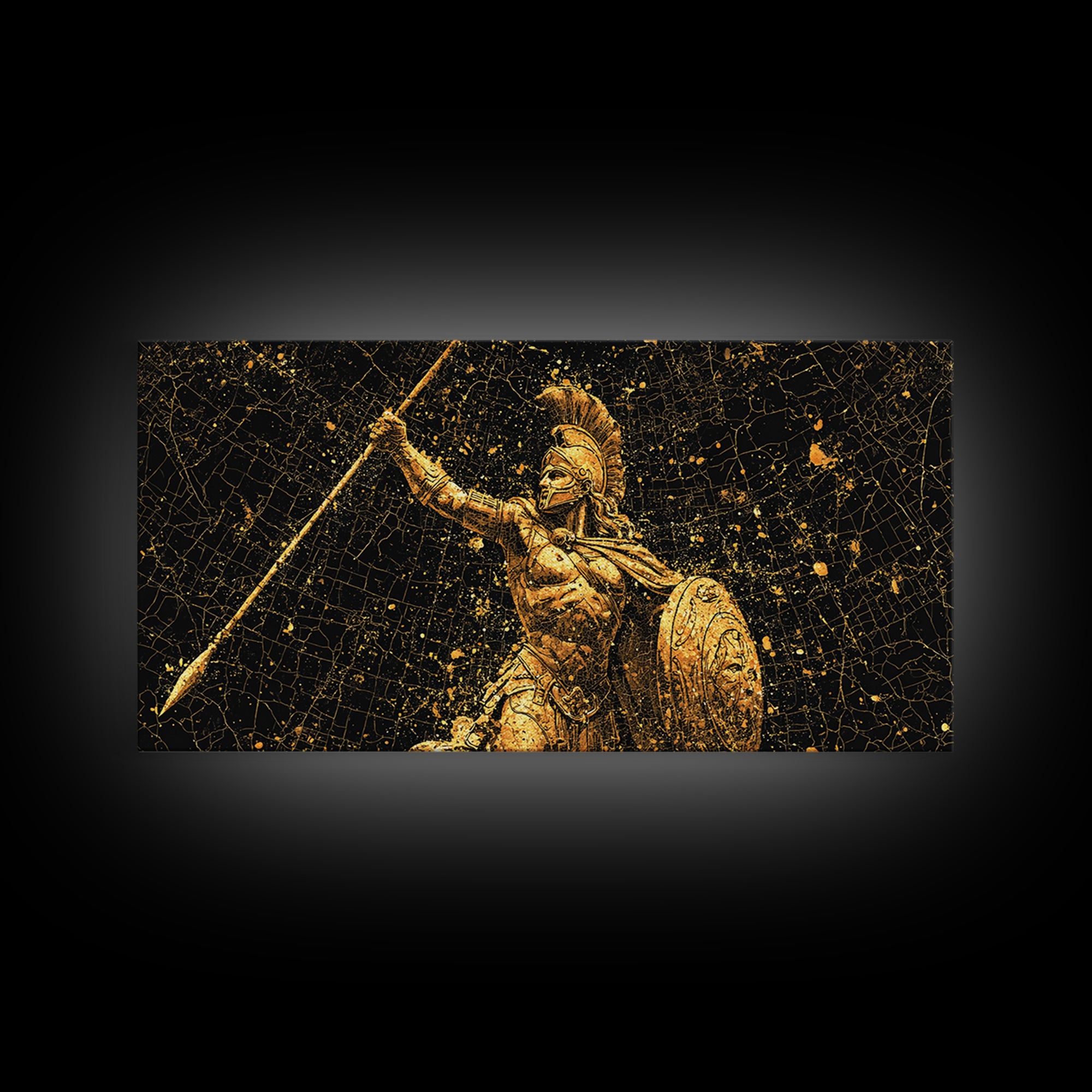 Gold Canvas Art Of Athena Greek Goddess Warrior, Ancient Greek Armor And Spear, Gold Splatter Mosaic, Panoramic Battle Wall Print