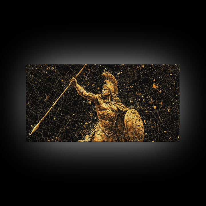 Gold Canvas Art Of Athena Greek Goddess Warrior, Ancient Greek Armor And Spear, Gold Splatter Mosaic, Panoramic Battle Wall Print