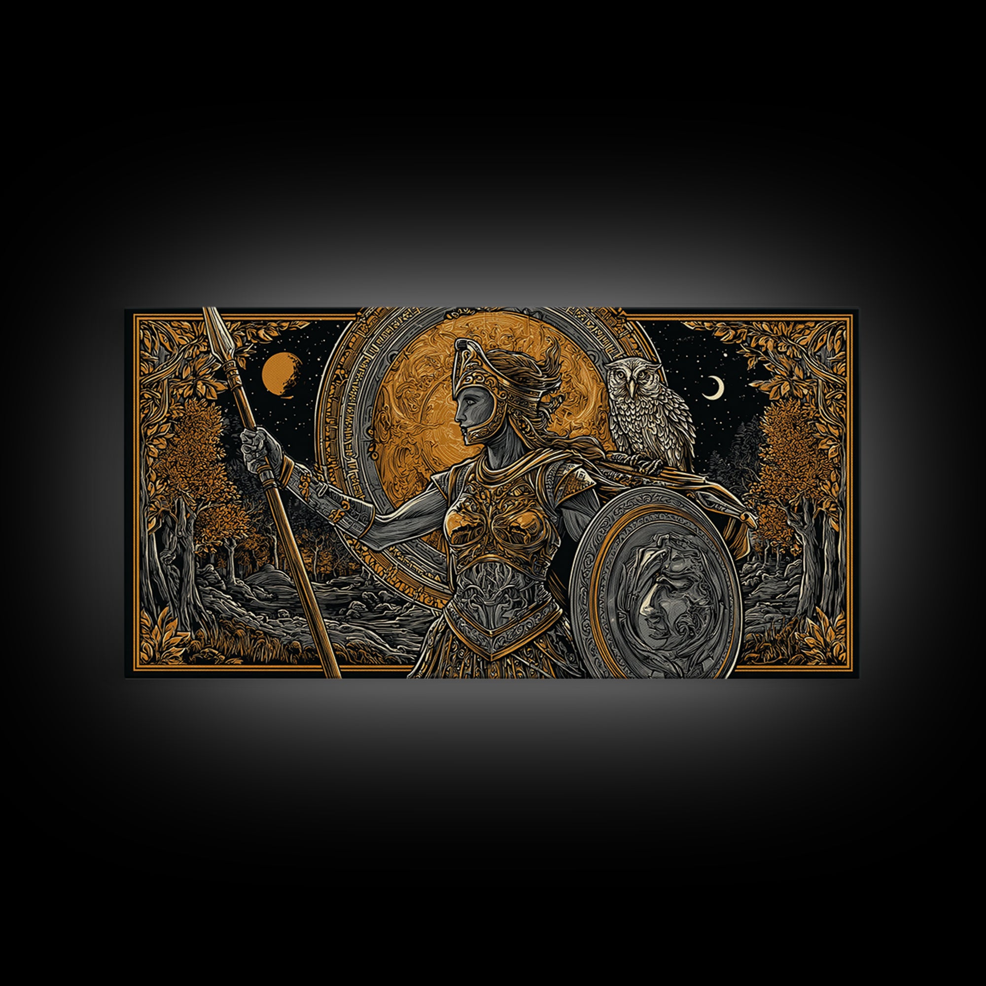 Gold Canvas Print Of Athena Greek Goddess Warrior, Ornate Armor And Owl, Mythology Forest Scene, Panoramic Greek Wall Decor