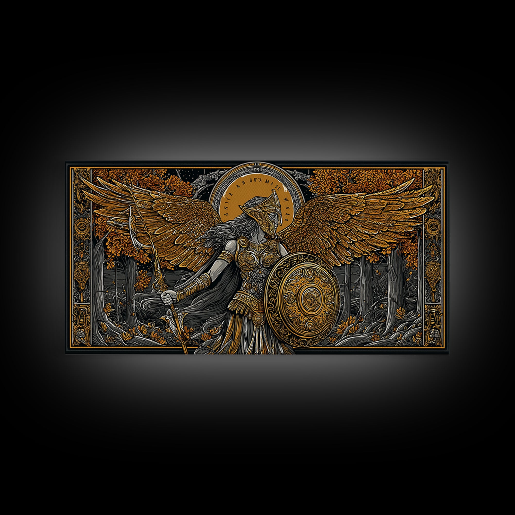 Gold Canvas Art Of Athena Greek Goddess Warrior With Wings, Detailed Shield And Spear, Golden Forest Scene, Panoramic Wall Print
