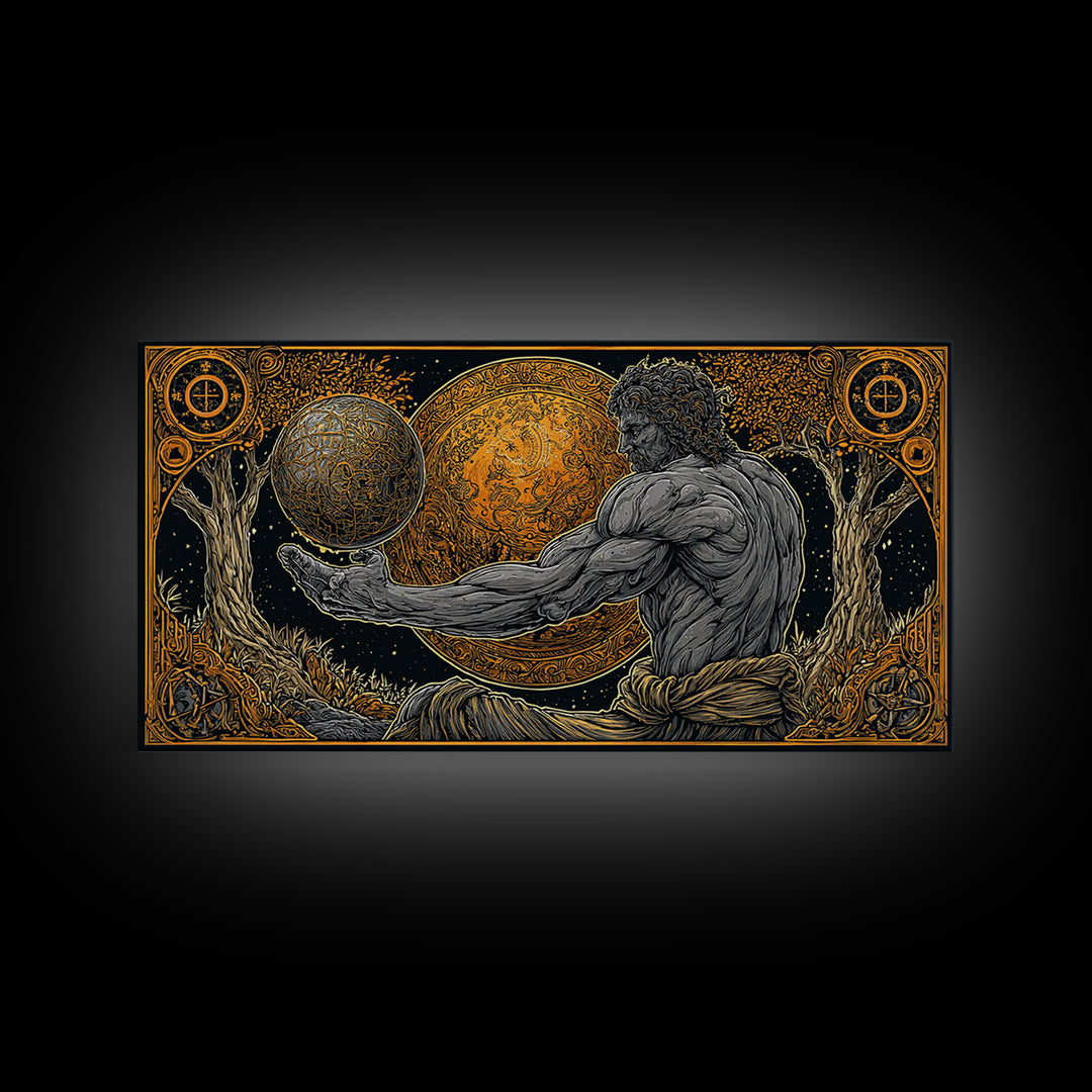 Gold Canvas Print Of Atlas Greek Titan Holding Celestial Sphere, Mythology Cosmic Scene, Panoramic Detailed Greek Wall Art