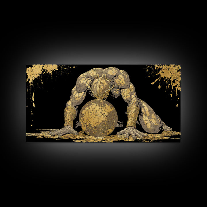 Gold Canvas Art Of Atlas Greek Titan Bearing The World, Gold Crackle Effect, Mythology Strength Scene, Panoramic Ancient Wall Print
