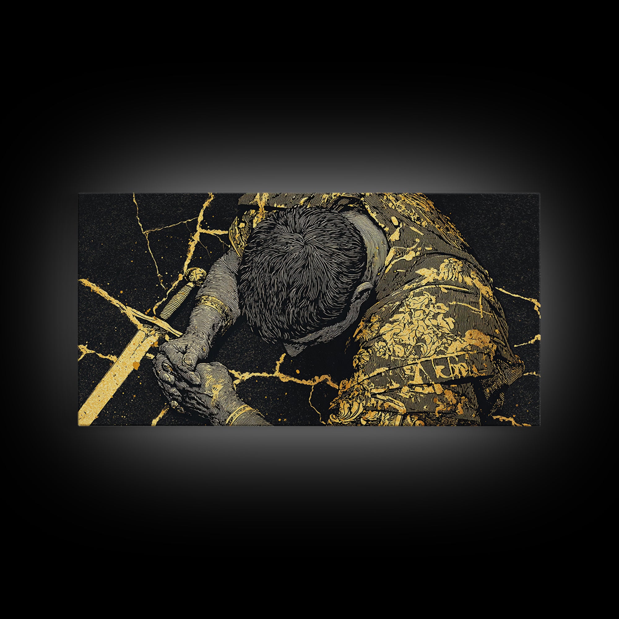 Gold Canvas Print Of Cassius Greek Warrior Kneeling With Sword, Gold Crackle Armor Detail, Panoramic Mythology Wall Artwork