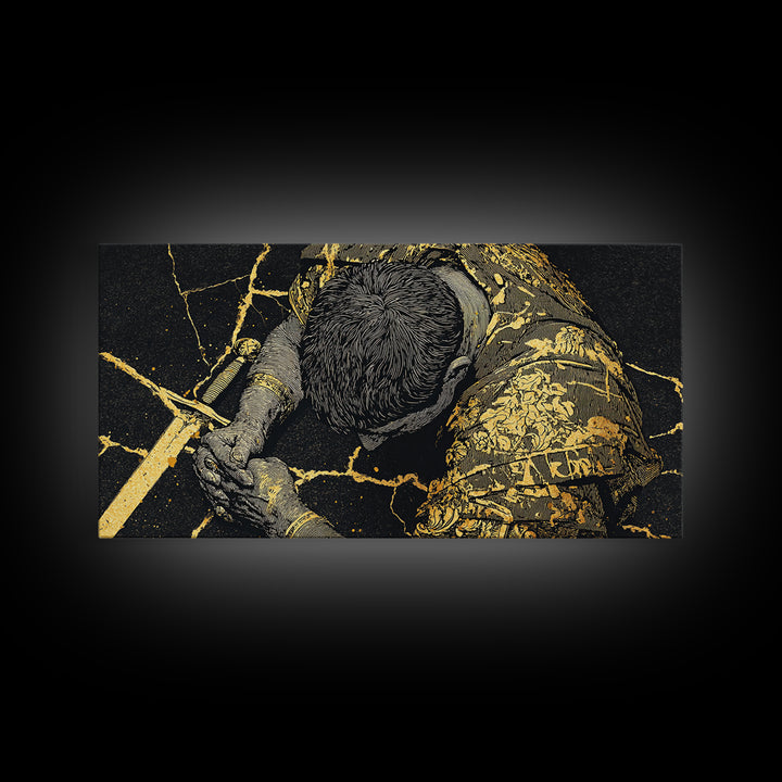 Gold Canvas Print Of Cassius Greek Warrior Kneeling With Sword, Gold Crackle Armor Detail, Panoramic Mythology Wall Artwork