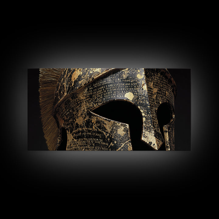Gold Canvas Print, Corinthian Greek Helmet, Ancient Warrior Armor Wall Art, Black and Gold Historical Decor, Mythic Design