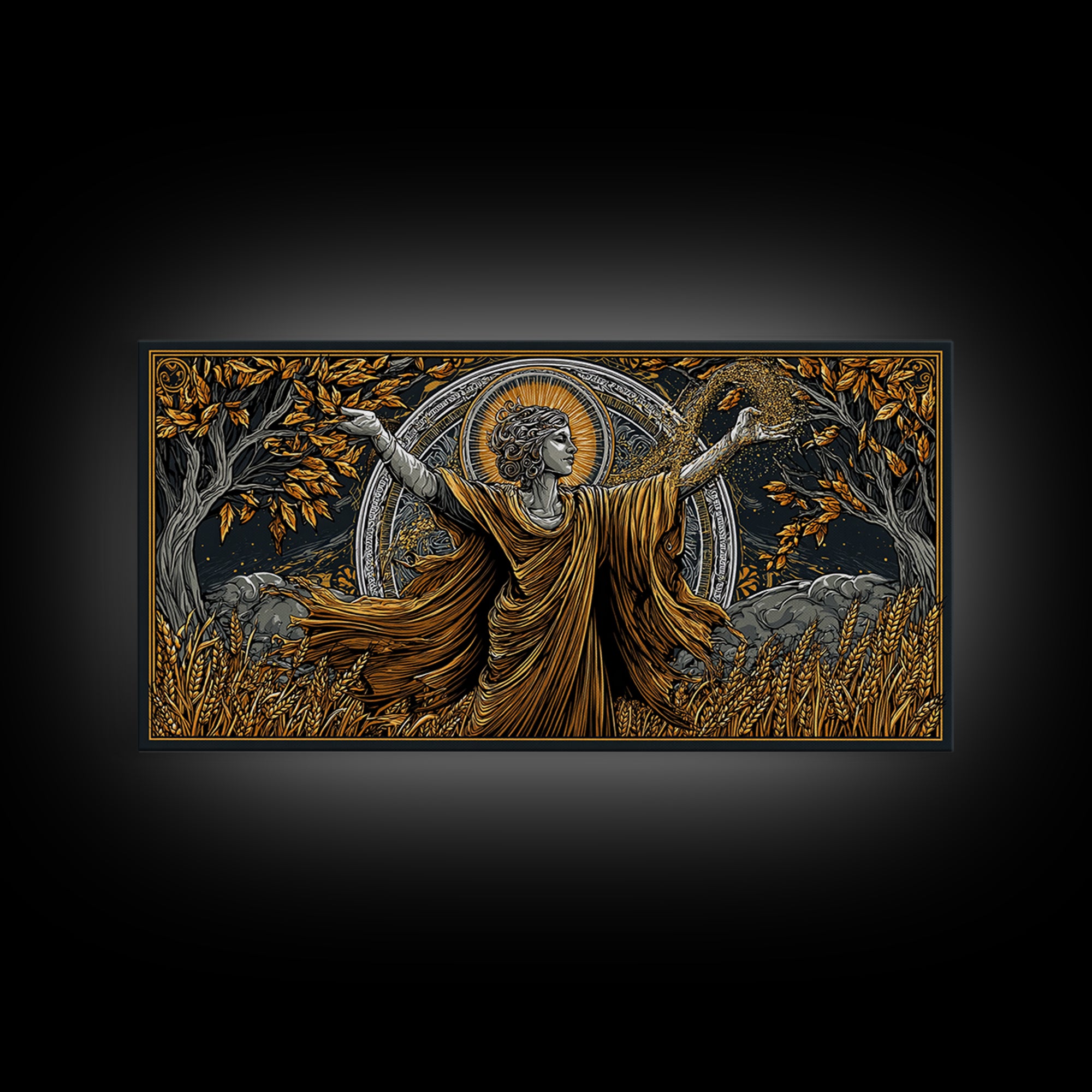 Gold Canvas Art, Demeter Goddess of Harvest, Greek Mythology Wall Decor, Ancient Agriculture Theme, Black and Gold Canvas Artwork