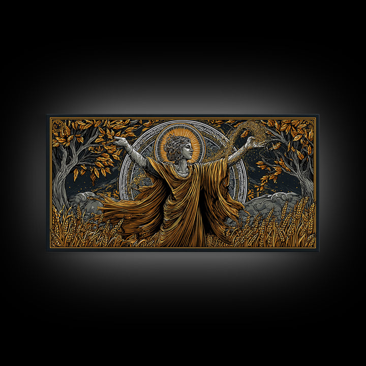 Gold Canvas Art, Demeter Goddess of Harvest, Greek Mythology Wall Decor, Ancient Agriculture Theme, Black and Gold Canvas Artwork