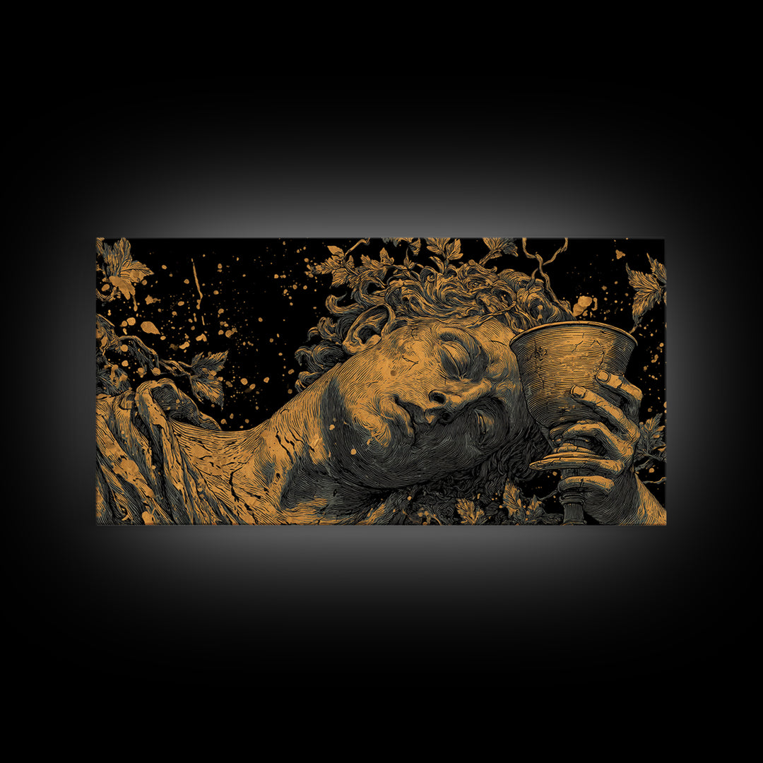 Gold Canvas Print, Dionysus God of Wine, Greek Mythology Art, Ancient Feast Celebration, Black and Gold Decorative Artwork