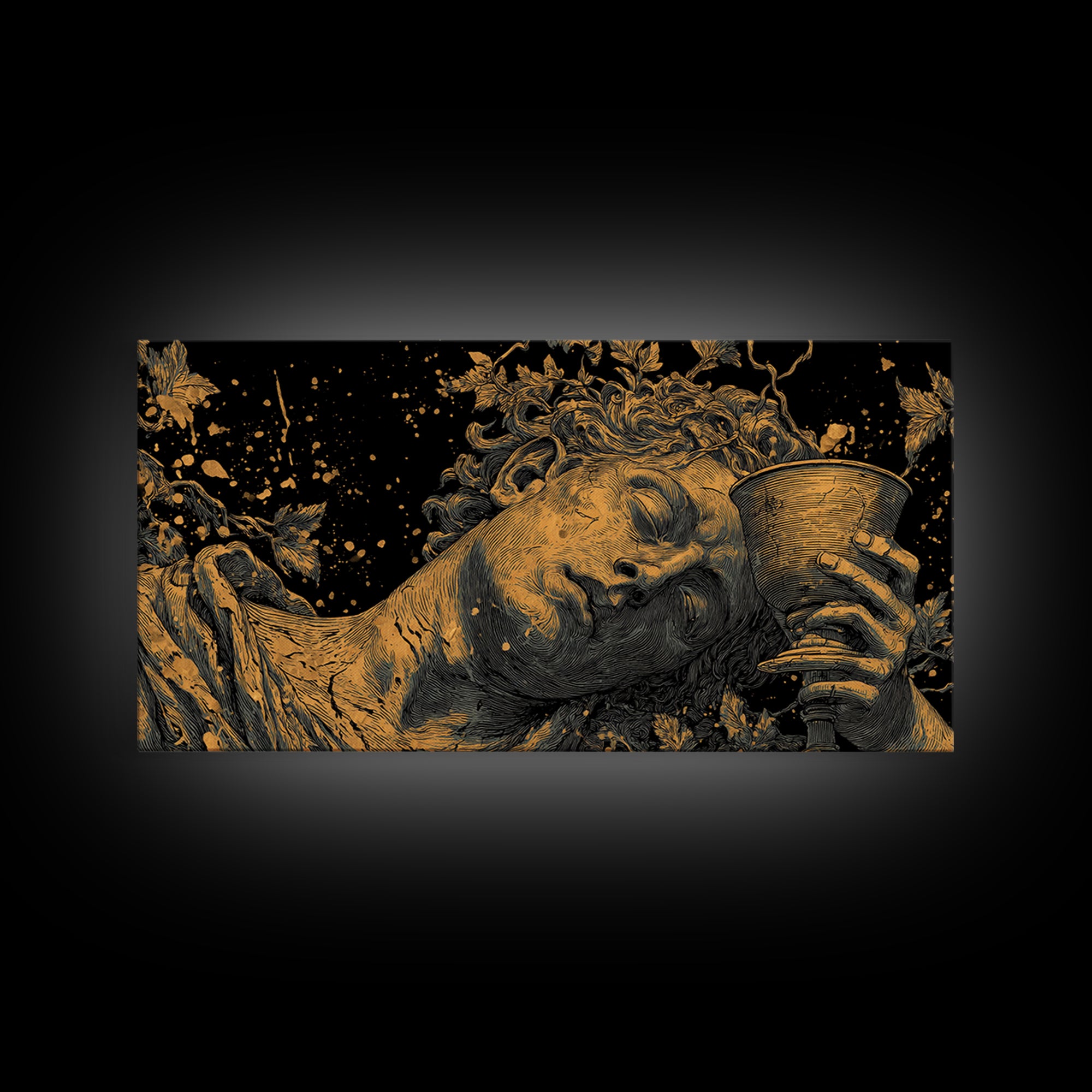 Gold Canvas Print, Dionysus God of Wine, Greek Mythology Art, Ancient Feast Celebration, Black and Gold Decorative Artwork