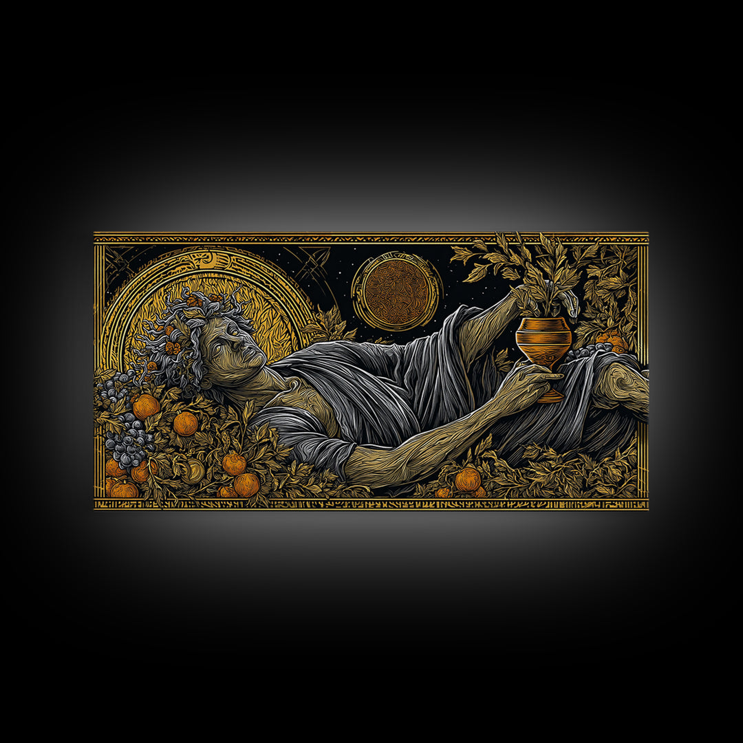 Gold Canvas Art, Dionysus God of Revelry, Greek Mythology Wall Art, Bacchus Celebration Scene, Black and Gold Luxury Canvas Print
