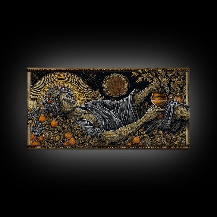 Gold Canvas Art, Dionysus God of Revelry, Greek Mythology Wall Art, Bacchus Celebration Scene, Black and Gold Luxury Canvas Print