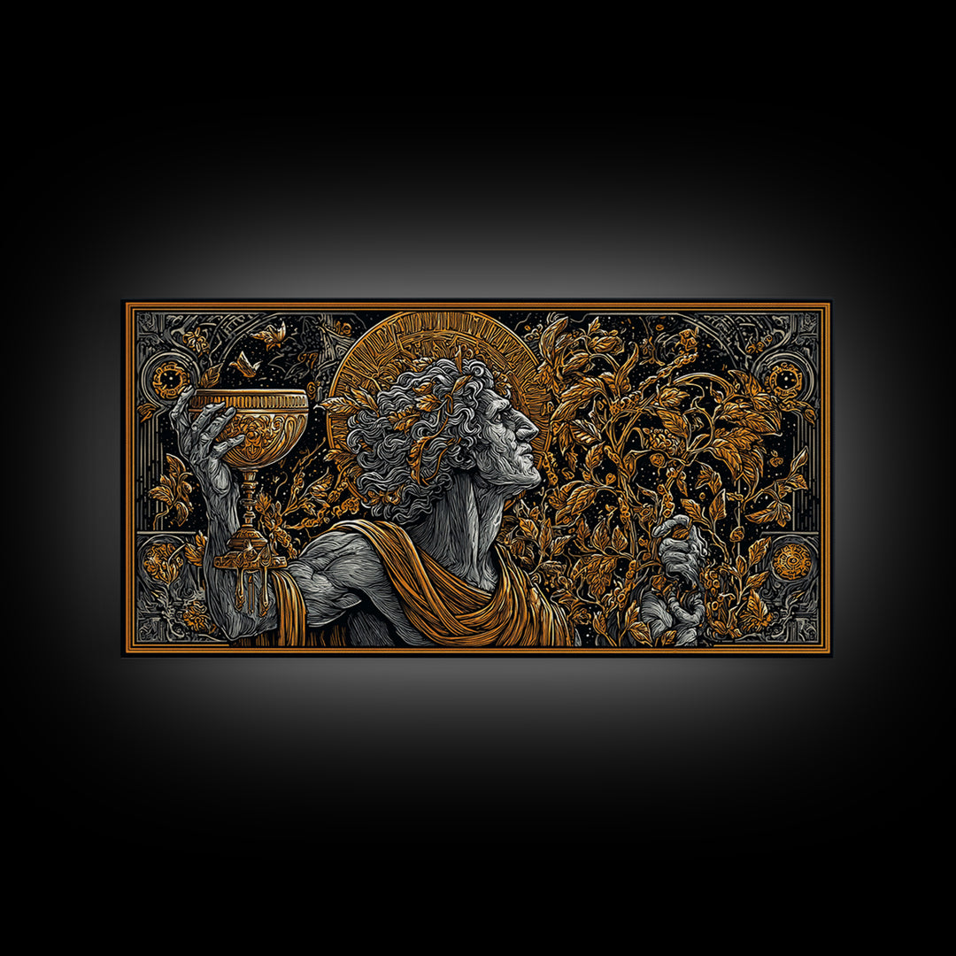 Gold Canvas Art, Dionysus God of Ecstasy, Greek Mythology Wall Scene, Bacchanalia Festival Theme, Black and Gold Canvas Wall Print
