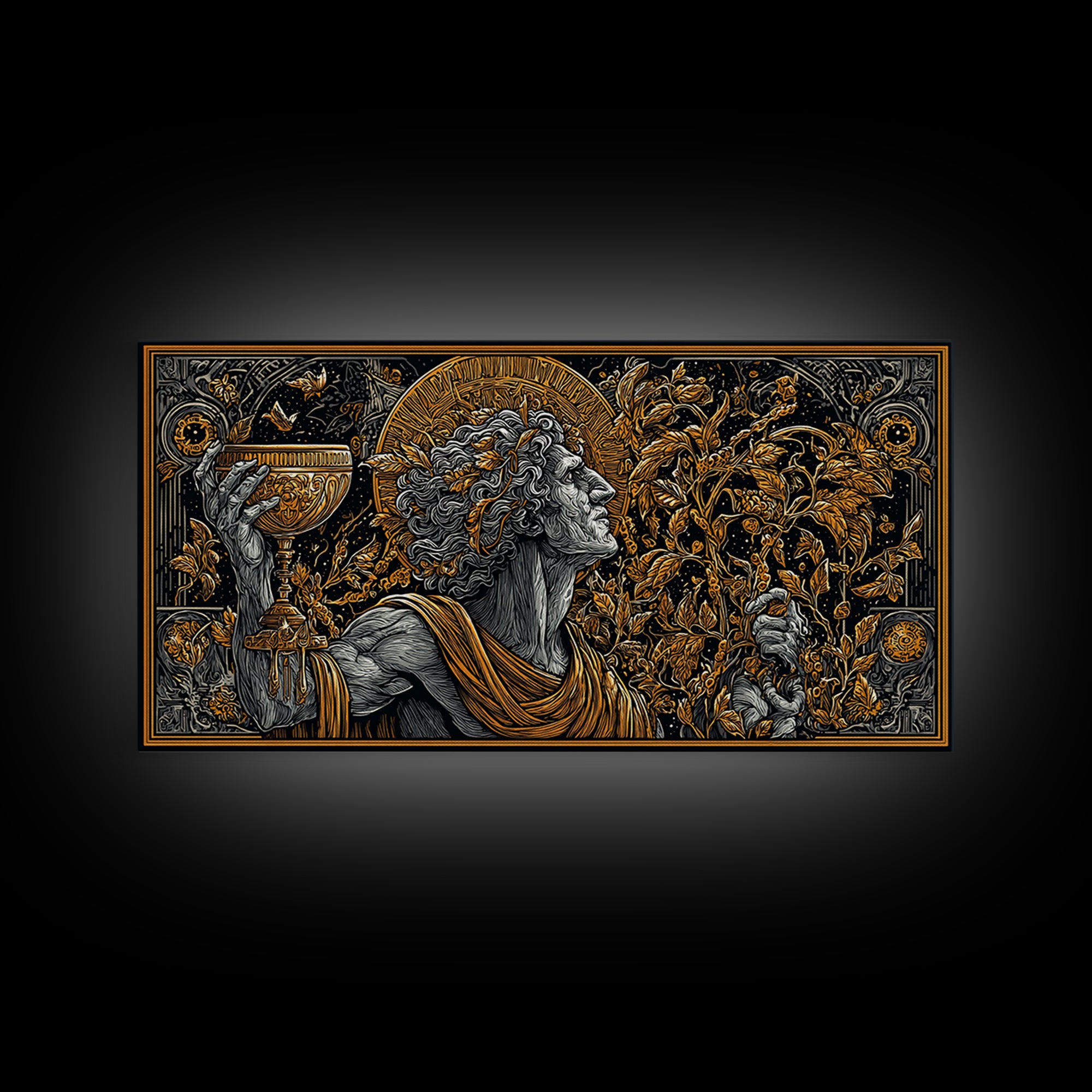 Gold Canvas Art, Dionysus God of Ecstasy, Greek Mythology Wall Scene, Bacchanalia Festival Theme, Black and Gold Canvas Wall Print