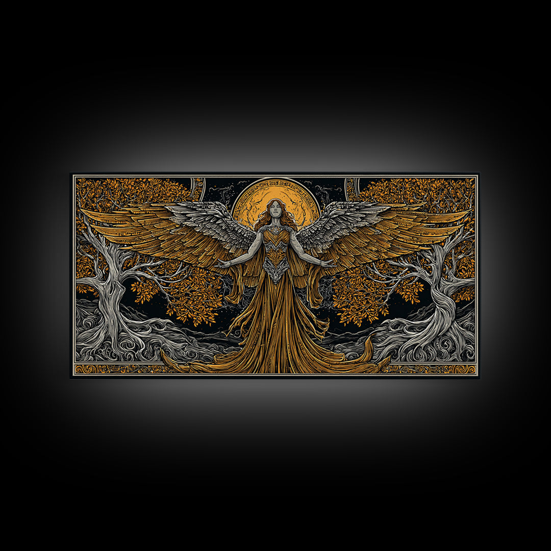 Gold Canvas Print, Eos Goddess of Dawn, Greek Mythology Wall Art, Sunrise Personification Scene, Black and Gold Luxury Decor