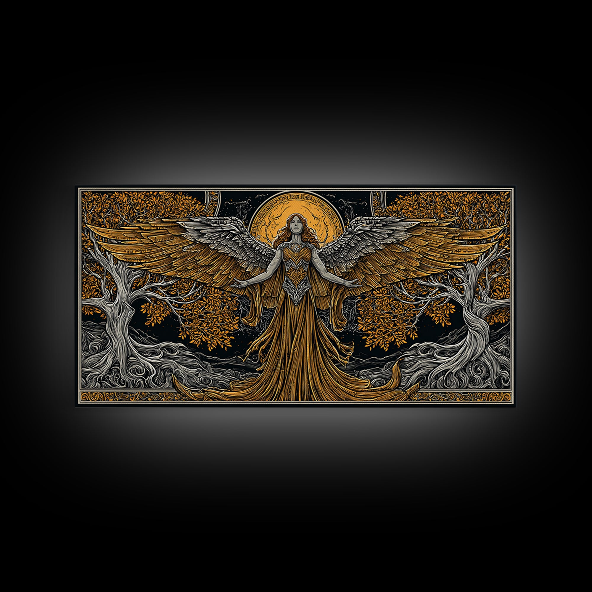 Gold Canvas Print, Eos Goddess of Dawn, Greek Mythology Wall Art, Sunrise Personification Scene, Black and Gold Luxury Decor
