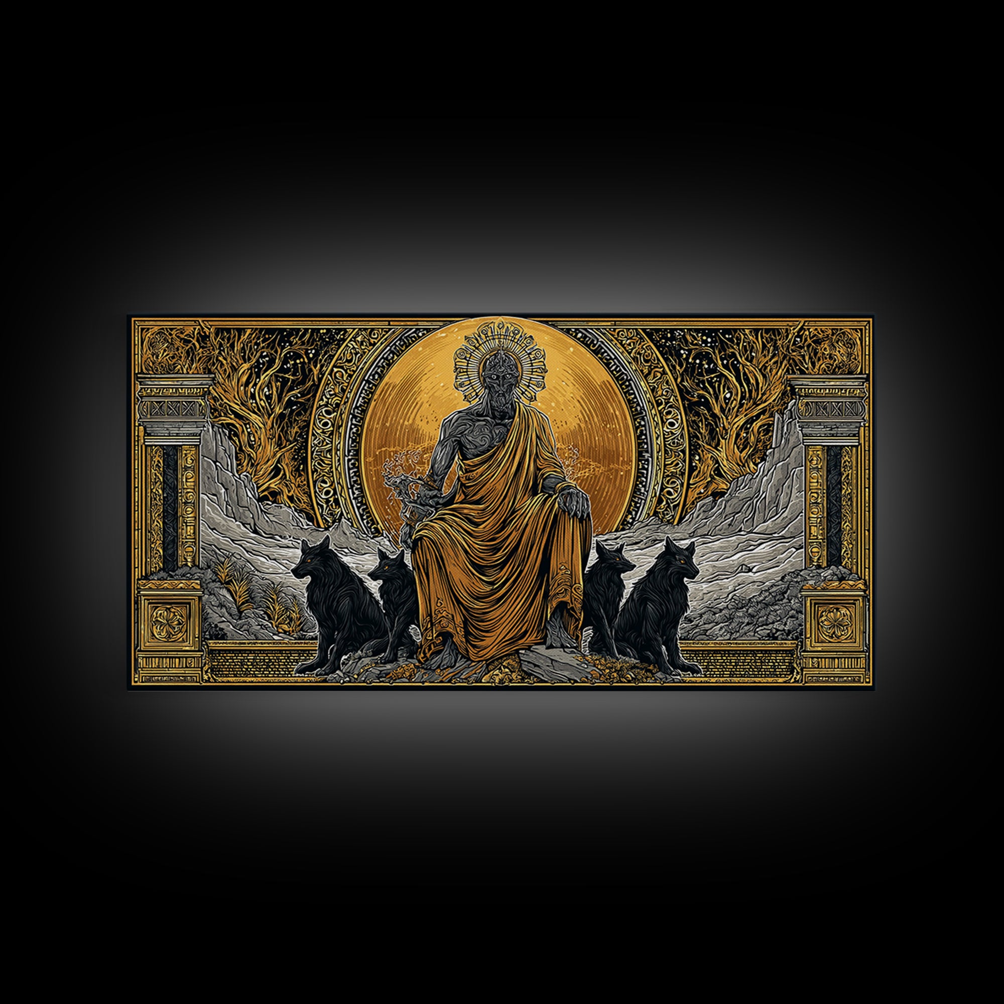 Hades Gold Canvas Print, Greek God Of Underworld Wall Art, Cerberus Mythology Decor, Real Wood Frame, Luxury Canvas Wall Hanging