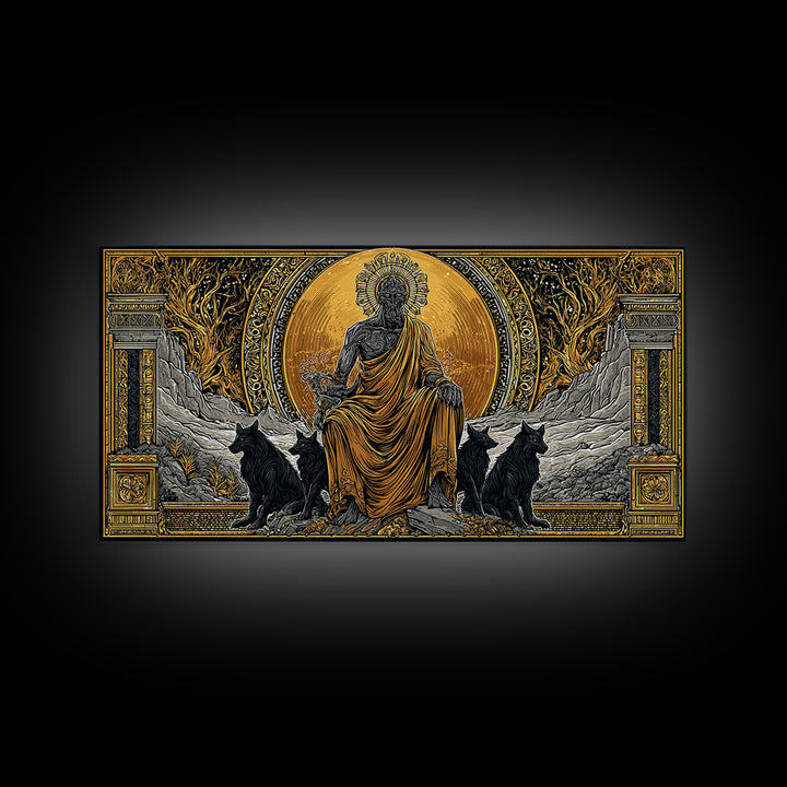 Hades Gold Canvas Print, Greek God Of Underworld Wall Art, Cerberus Mythology Decor, Real Wood Frame, Luxury Canvas Wall Hanging