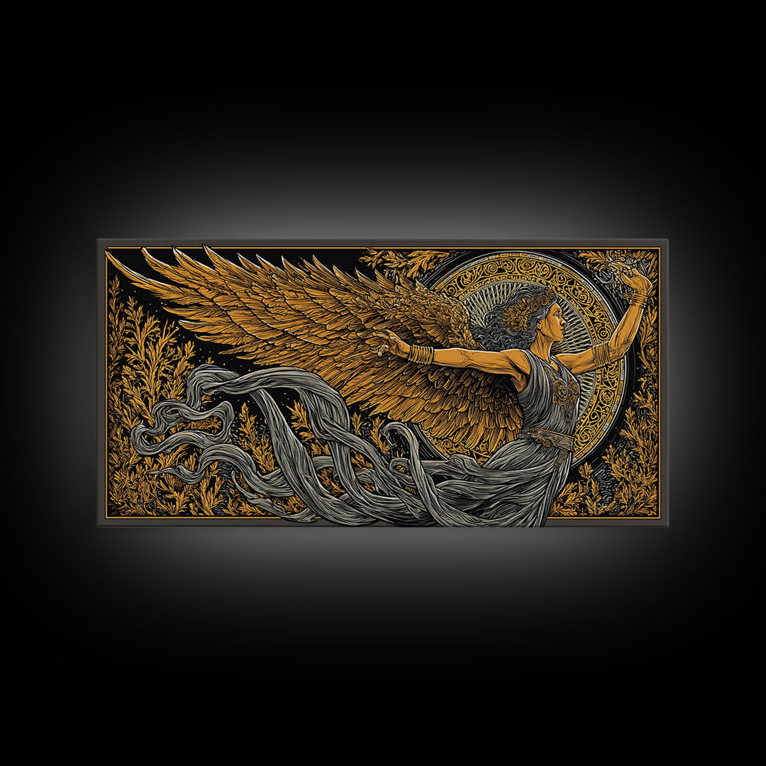 Nike Gold Canvas Print, Greek Goddess Wall Art, Luxury Mythology Decor, Real Wood Frame Artwork, Elegant Gold Winged Art