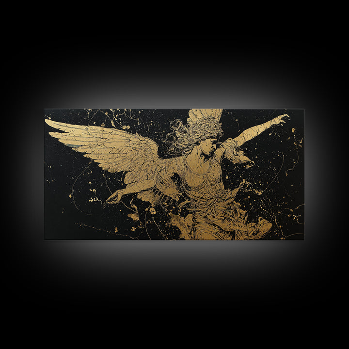 Nike Gold Canvas Art, Greek Goddess Wall Decor, Luxury Mythology Wall Hanging, Real Wood Frame Print, Gold Winged Figure Artwork