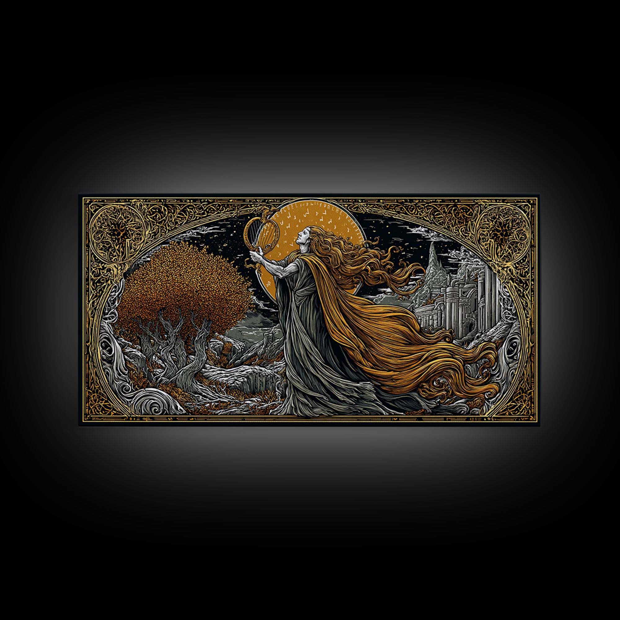 Orpheus Gold Canvas Art, Greek God Wall Decor, Luxury Mythology Wall Hanging, Real Wood Frame Print, Elegant Lyre Musician Wall Art
