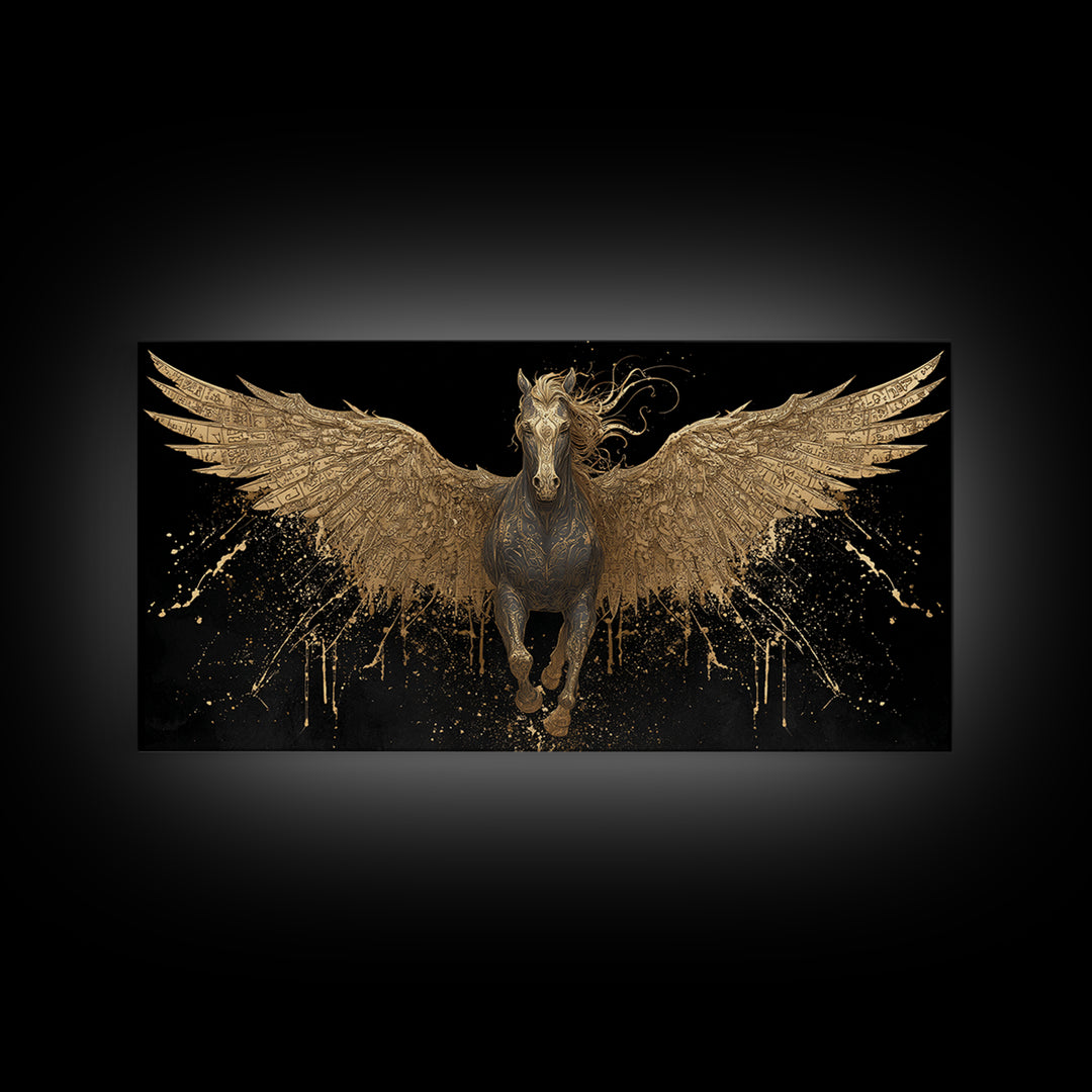 Pegasus Gold Canvas Print, Greek Mythology Wall Art, Luxury Flying Horse Decor, Real Wood Frame Artwork, Elegant Winged Stallion