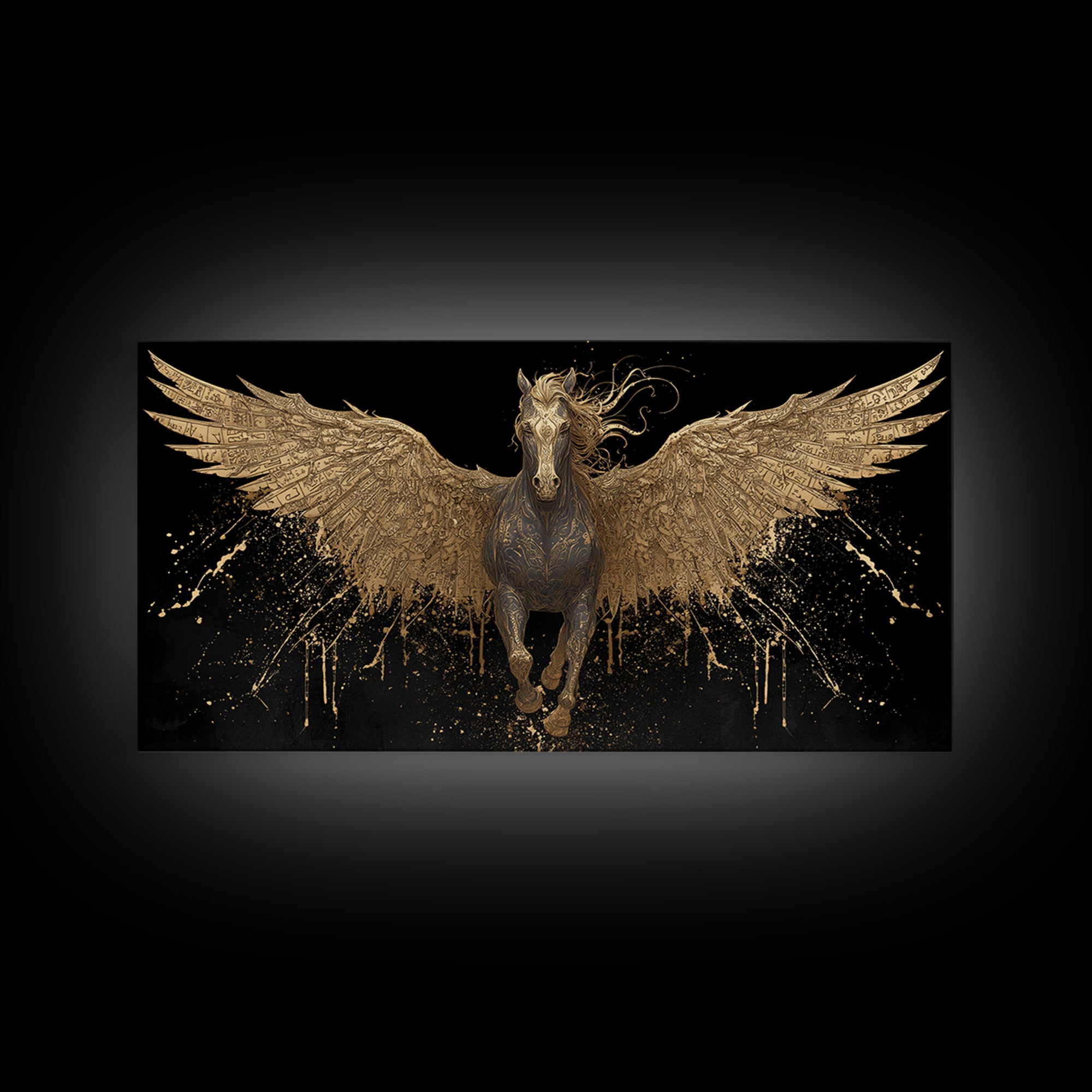 Pegasus Gold Canvas Print, Greek Mythology Wall Art, Luxury Flying Horse Decor, Real Wood Frame Artwork, Elegant Winged Stallion