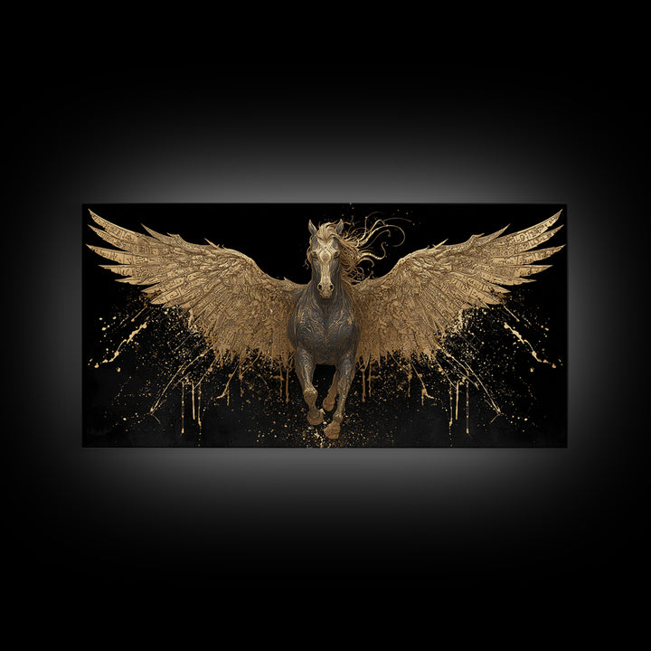 Pegasus Gold Canvas Print, Greek Mythology Wall Art, Luxury Flying Horse Decor, Real Wood Frame Artwork, Elegant Winged Stallion