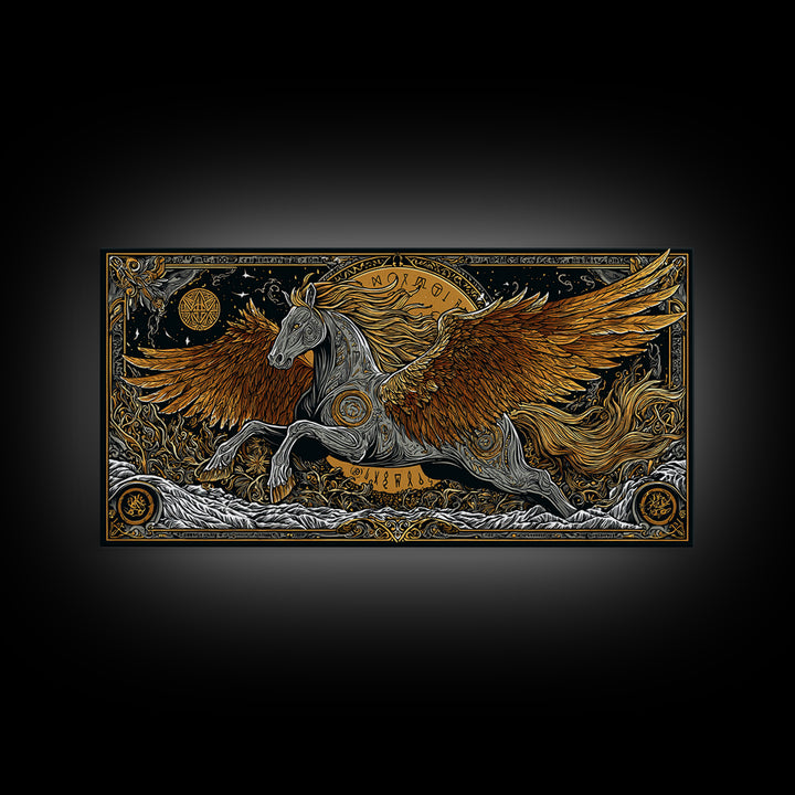 Pegasus Gold Canvas Art, Greek Mythology Wall Decor, Luxury Flying Horse Wall Hanging, Real Wood Frame Print, Elegant Winged Stallion