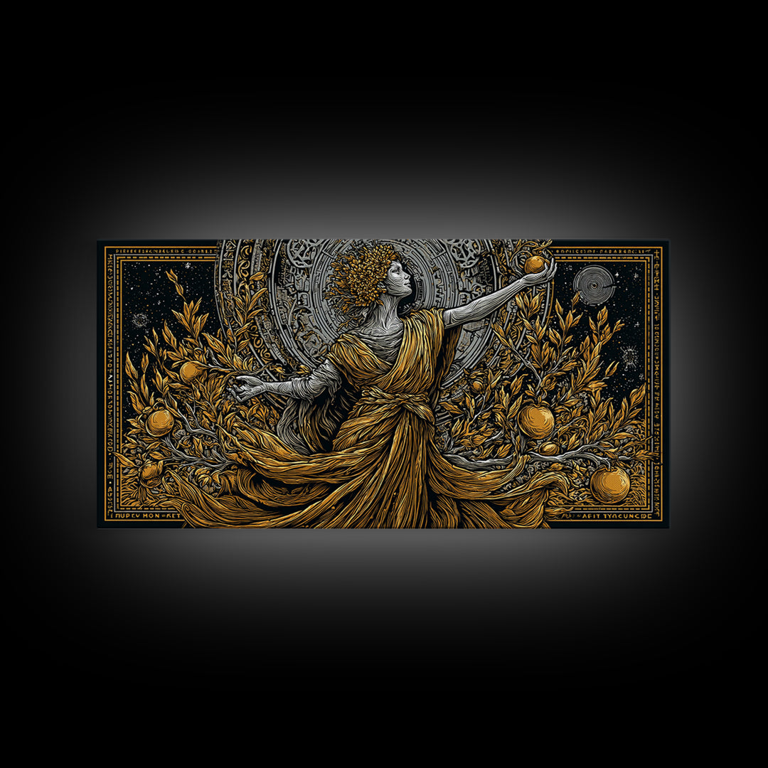 Persephone Gold Canvas Art, Greek Goddess Wall Decor, Luxury Mythology Wall Hanging, Real Wood Frame Print, Elegant Harvest Goddess