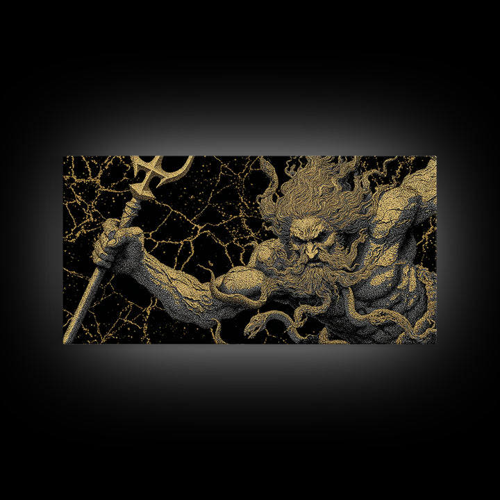 Poseidon Greek God Of The Sea Gold Canvas Print, Mythology Wall Art, Real Wood Frame, Ocean Decor, Nautical Gift