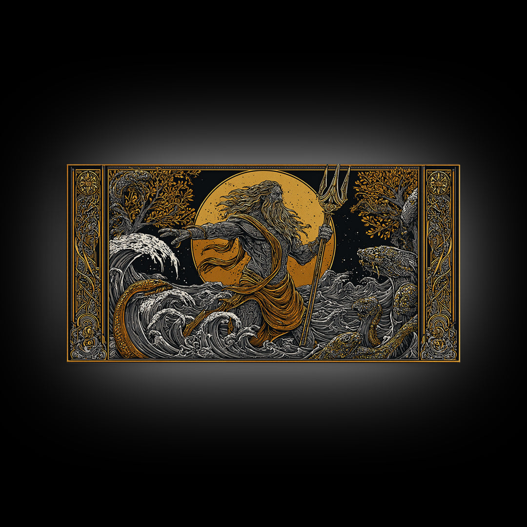 Poseidon Ocean Power Gold Canvas Art, Greek God Canvas Print, Sea Mythology Wall Decor, Real Wood Frame, Coastal Gift