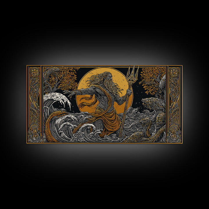 Poseidon Ocean Power Gold Canvas Art, Greek God Canvas Print, Sea Mythology Wall Decor, Real Wood Frame, Coastal Gift