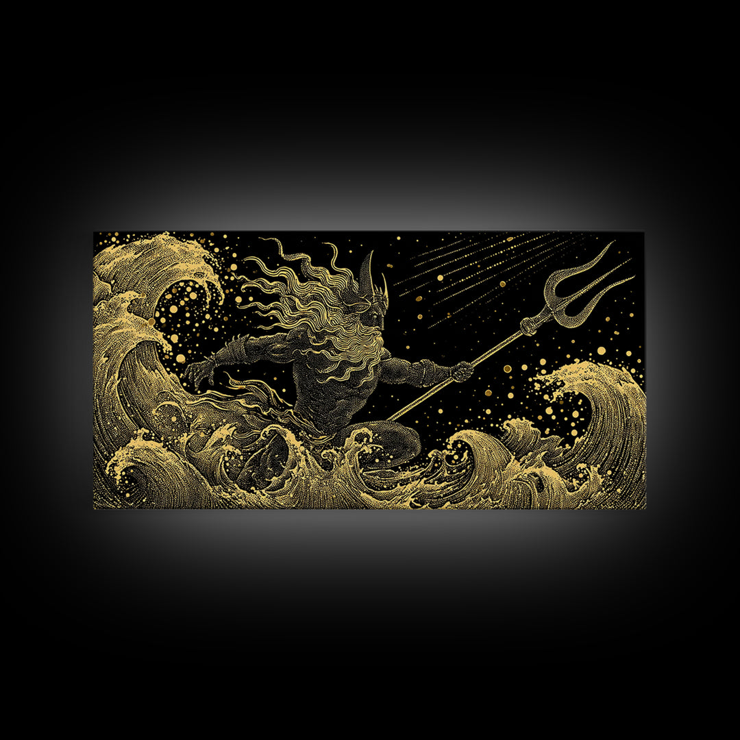 Poseidon Sea Serpent Battle Gold Canvas Print, Greek Mythology Wall Art, Real Wood Frame, Ocean Lover Gift